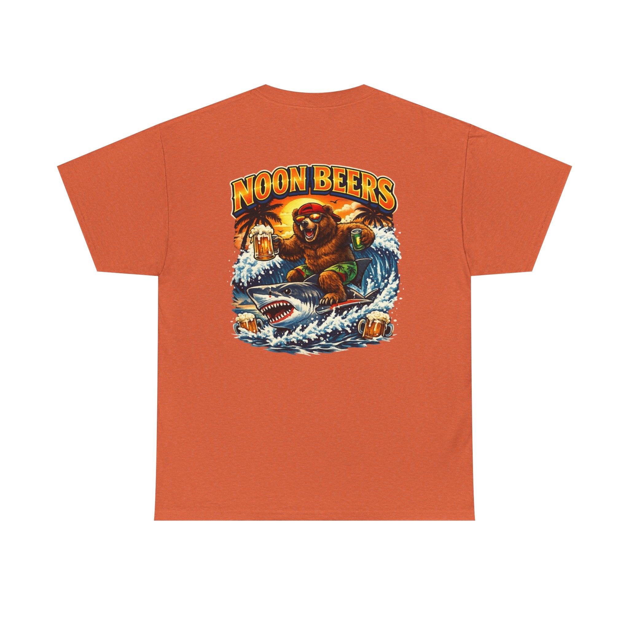 Noon Beers Bear Surfing T-Shirt | Tropical Beach Beer Graphic