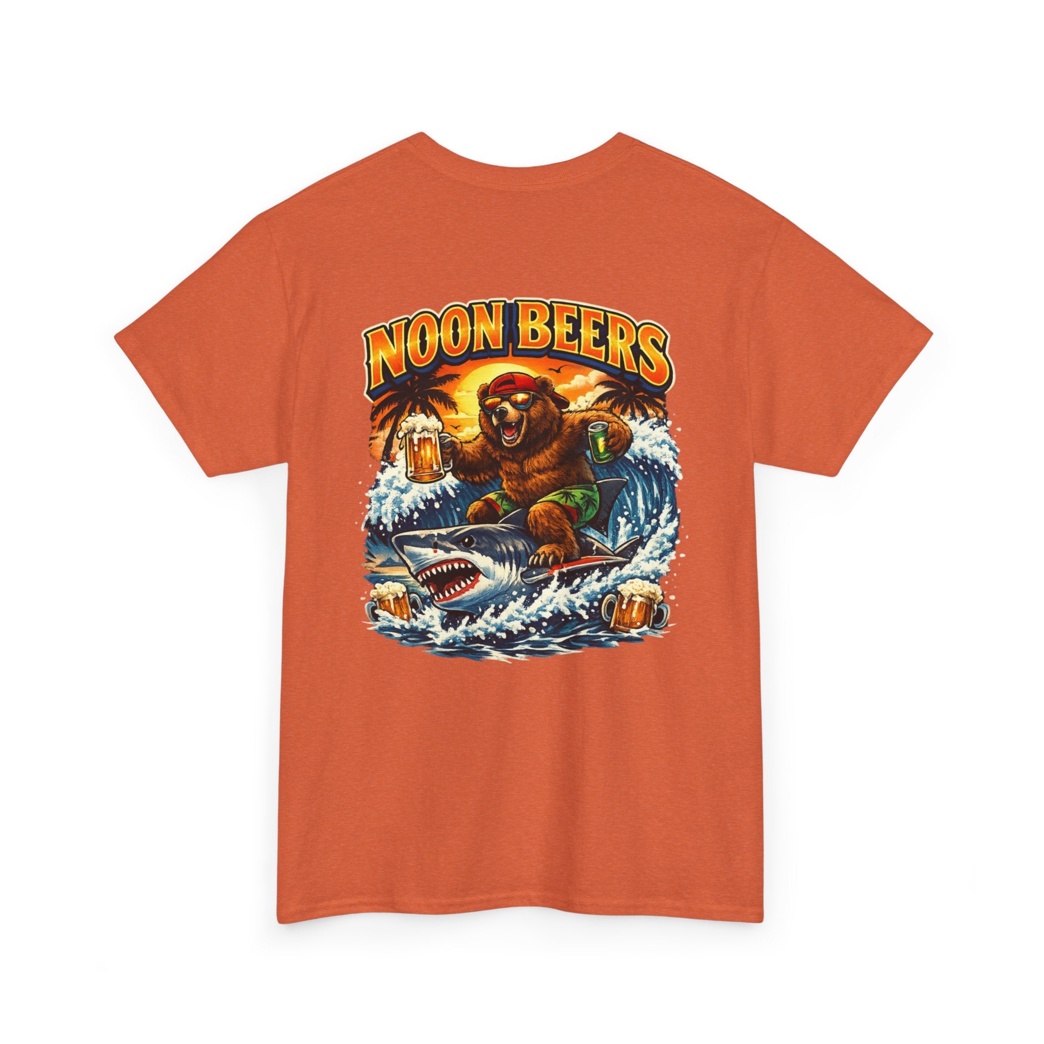 Noon Beers Bear Surfing T-Shirt | Tropical Beach Beer Graphic