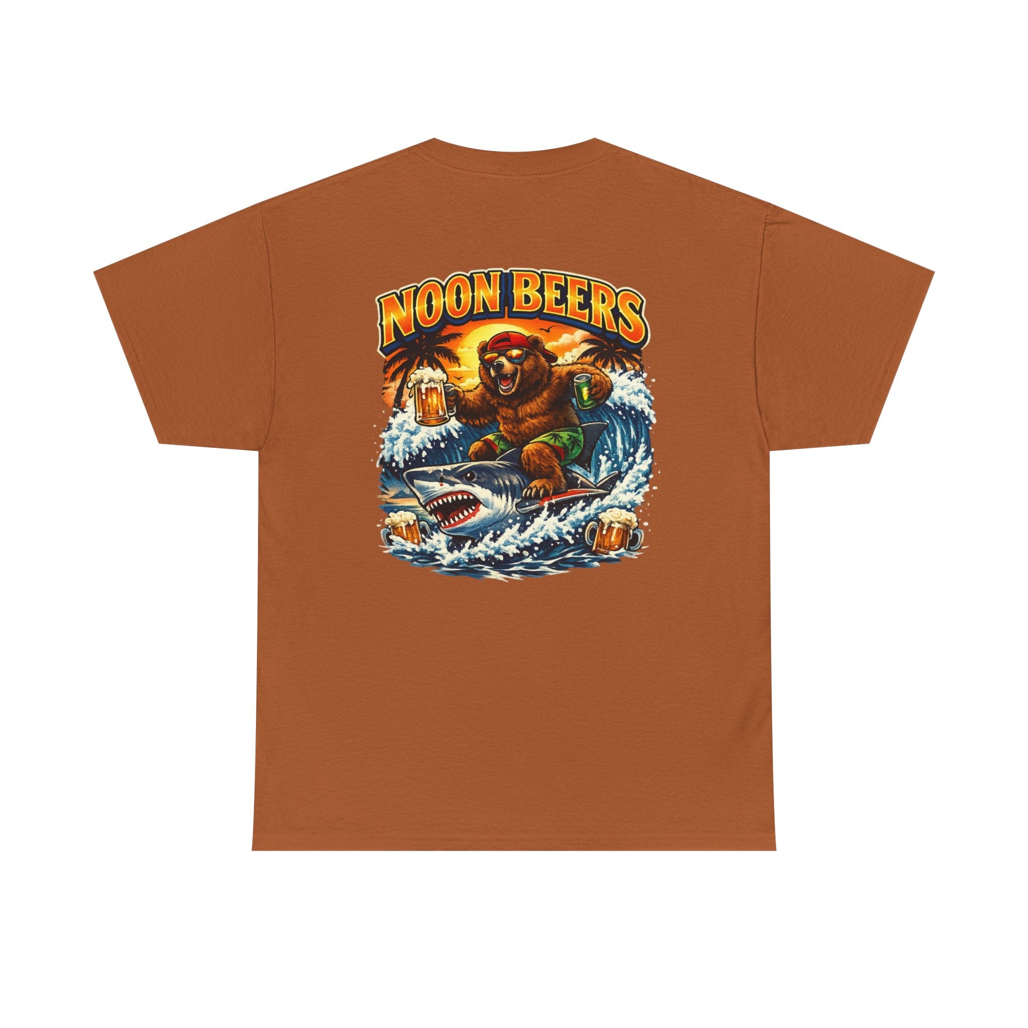 Noon Beers Bear Surfing T-Shirt | Tropical Beach Beer Graphic